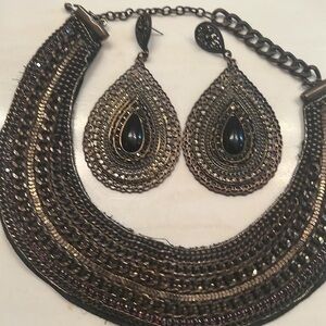 Vintage mixed metals with onyx stones. Necklace and pierced Earrings set.